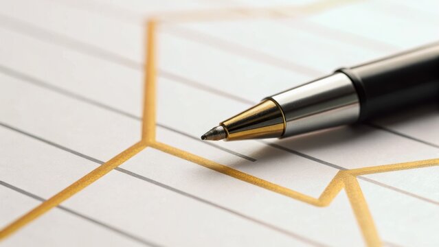 Stylish pen resting on a graph with golden lines, symbolizing financial analysis or business growth.