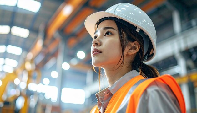 Focused Young Female Engineer in Hard Hat and Safety Vest in Industrial Factory.
