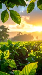 Lush green leaves frame a sunlit field, with a vibrant sunset peeking through, creating a warm, golden atmosphere