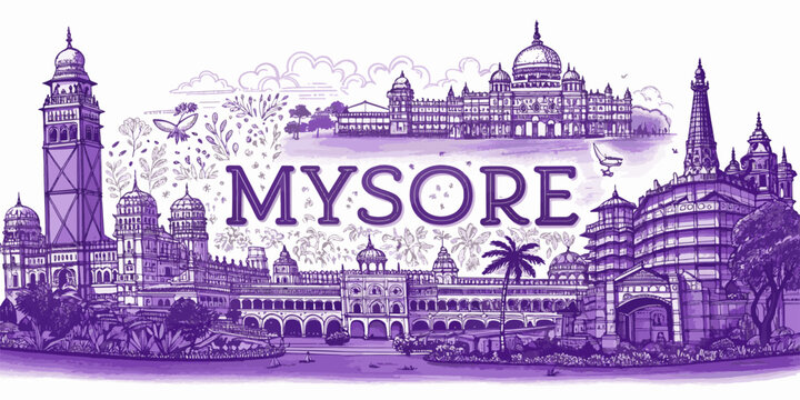 Mysore Skyline Sketch with Chamundi Hill, Mysore Palace, and St. Philomena&rsquo;s Church | Cultural Art for Travel, Tourism, Poster & Souvenir Use