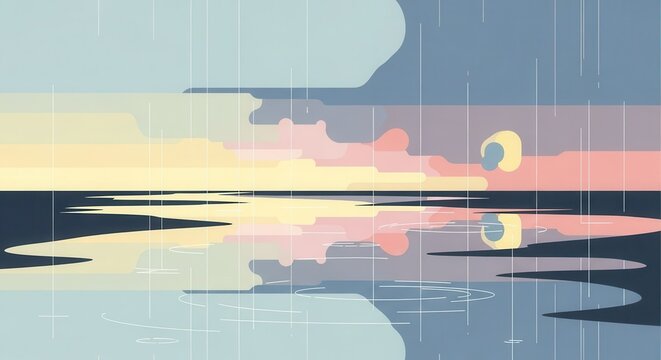 Stylized depiction of a calming water scene during a soft rain shower at twilight