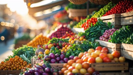 Fresh produce on display at a vibrant outdoor farmers market