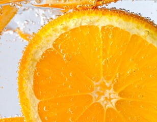 Macro shot of a juicy, bright orange slice submerged in sparkling water, surrounded by bubbles. Refreshing and vibrant