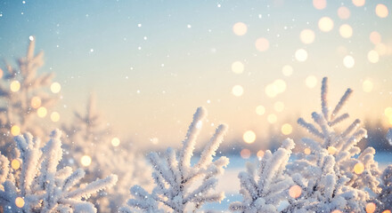 Snowfall Banner with Frosted Christmas Branches and Blurred Winter Bokeh Background