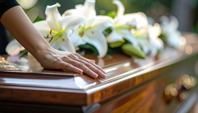 Mourners Hand Resting on Coffin with Lilies with Grief  Bereavement concept.