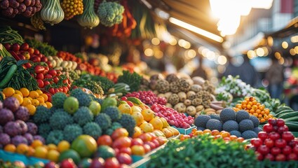 Fresh produce on display at a vibrant outdoor farmers market