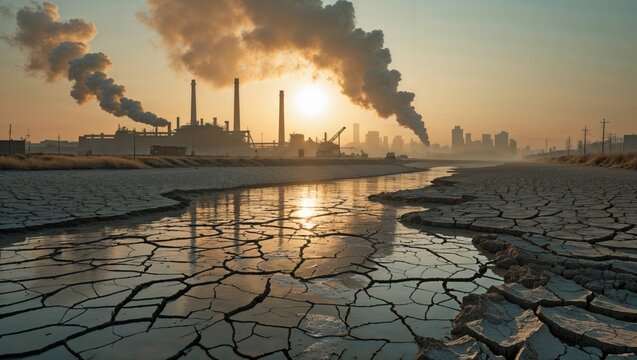 Industrial pollution and environmental damage with factories and cracked earth