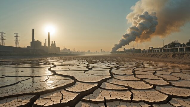 Industrial pollution and environmental damage in a dry, cracked landscape