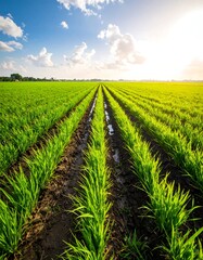 Lush green rice paddy field at sunrise