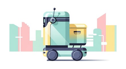 Automated delivery apparatus transports cargo against a stylized urban backdrop