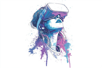 A digital painting of a woman wearing a virtual reality headset, her face illuminated by the glow of the screen, isolated on transparent background splashes of color surround her