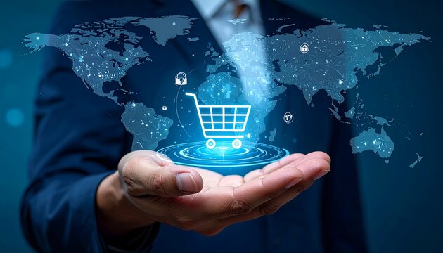 Man's hand holding digital shopping cart over illuminated globe