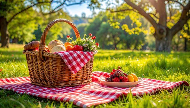 Picnic basket with food on a checkered blanket in a sunny park with summer day.