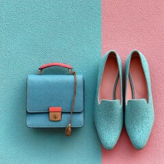 Pastel-toned flatlay of a teal purse and shoes on pink/blue divide