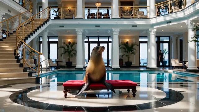 A seal perched on a vibrant red lounge chair by an elegant swimming pool with intricate architecture