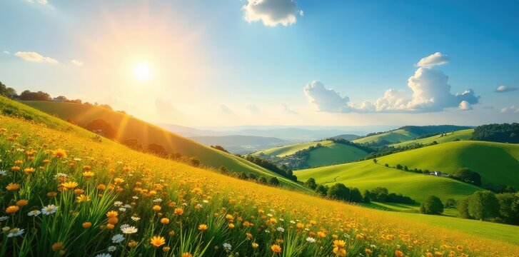 Golden hour sunlight bathes a vibrant summer landscape Rolling hills are dotted with wildflowers under a clear blue sky Perfect for travel, nature, and summer themed projects , july, travel