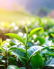 Lush green tea leaves in a vibrant tea plantation