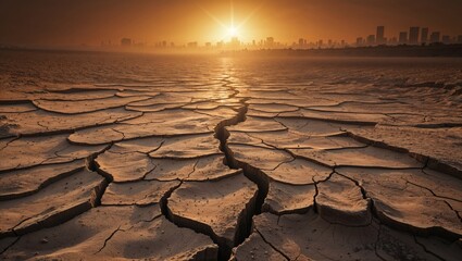Cracked earth and city skyline at sunset, representing drought and climate change