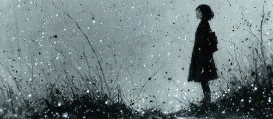 A solitary figure stands in a snowy landscape, contemplating