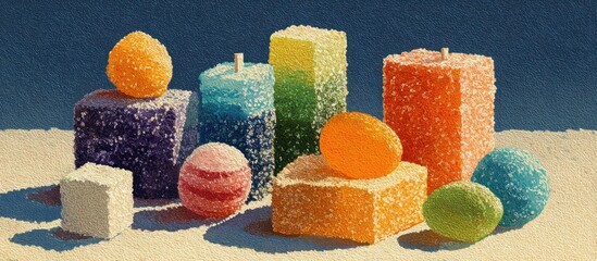 Colorful, textured candies and cubes arranged on a surface with a dark blue backdrop