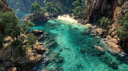 Turquoise cove nestled in rocky cliffs