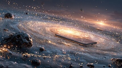 Celestial phone floating in a spiral galaxy amid cosmic debris