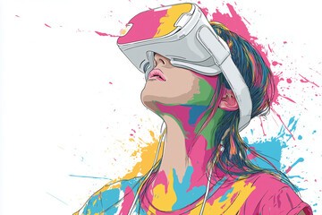 A digital painting of a woman wearing a virtual reality headset, her face illuminated by the glow of the screen, isolated on transparent background splashes of color surround her