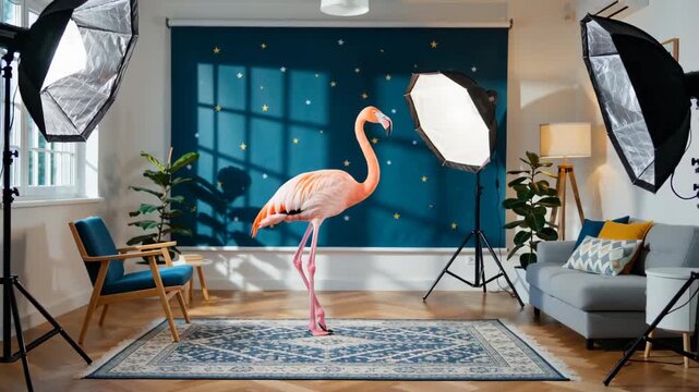 A vibrant pink flamingo stands elegantly in a well-lit room, surrounded by studio lighting and decor, casting playful shadows on a patterned rug