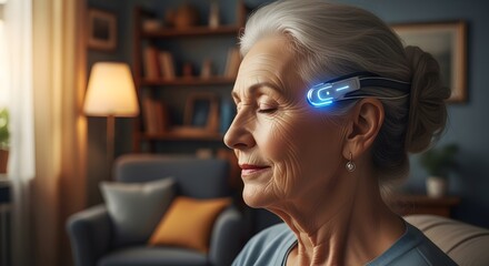 Senior woman using brainwave sensing device for relaxation and cognitive enhancement therapy