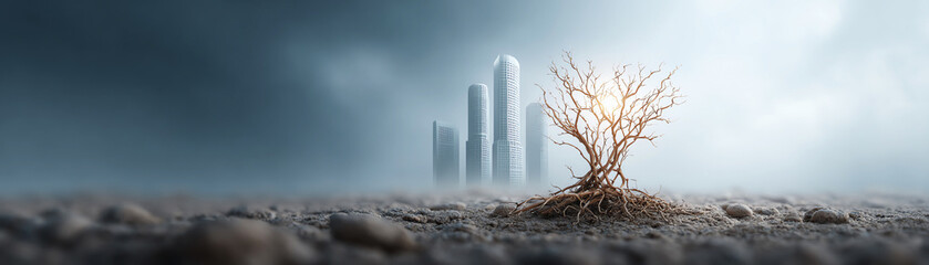 Glowing tree shows hope in desolate landscape with future city of skyscrapers in background. contrast of nature and technology