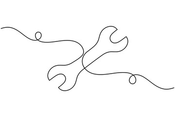 Wrench hand tool continuous one line drawing on white background minimalist icon outline vector illustration