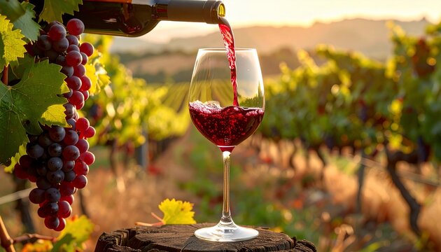 Red wine pouring into glass in vineyard at sunset wine tasting with Napa Valley.