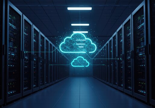 Abstract digital data center visualization showing rows of illuminated racks connecting to a floating computational cloud network infrastructure ,stream ,engineering ,services
