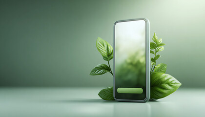 Green technology concept with smartphone, plant and leaf. This hopeful eco and sustainable innovation for nature and environment