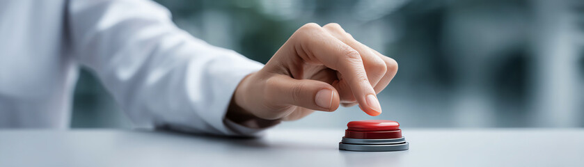 Human hand with finger pressing big red button for an emergency alert. conceptual image of panic, danger and urgent action