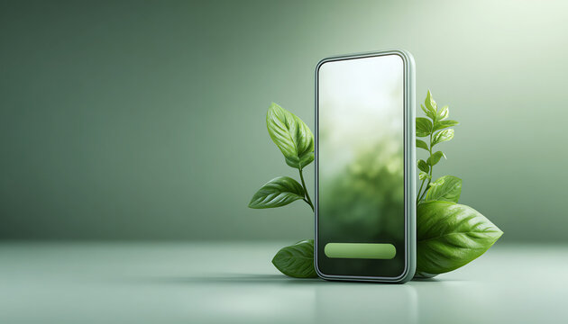 Green technology concept with smartphone, plant and leaf. This hopeful eco and sustainable innovation for nature and environment