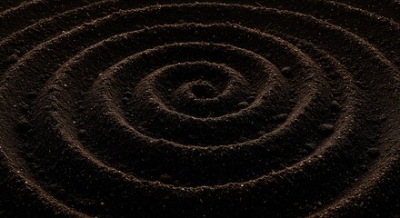 Dark fertile soil arranged in a tight conceptual spiral pattern suggesting elemental nature, cyclical growth, and earthy harmony ,energy ,shape ,spiral