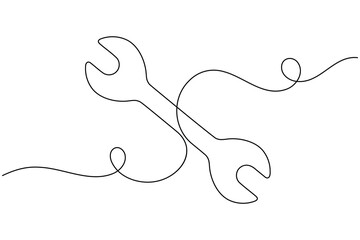 Wrench hand tool continuous one line drawing on white background minimalist icon outline vector illustration