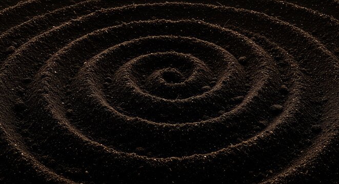 Dark fertile soil arranged in a tight conceptual spiral pattern suggesting elemental nature, cyclical growth, and earthy harmony ,energy ,shape ,spiral