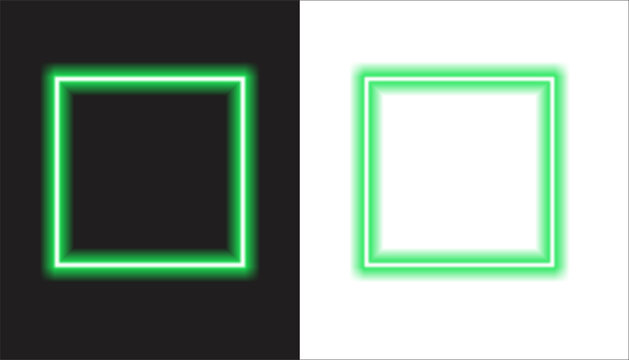 Futuristic neon green square frame graphic element on split black and white background for modern technology, gaming, streaming, or social media border vector design template.