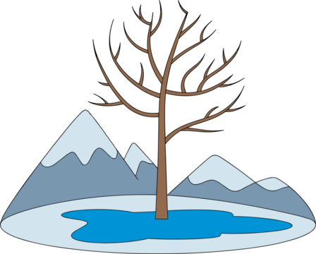 Winter wonderland illustration with leafless tree and snowy mountains reflecting on lake