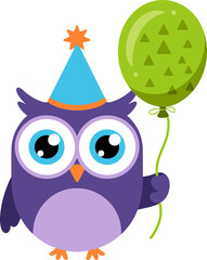 Cute cartoon owl celebrates birthday with party hat and balloon for festive occasion