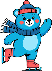 Delightful blue bear skating with scarf and hat brings winter cheer and playful vibes