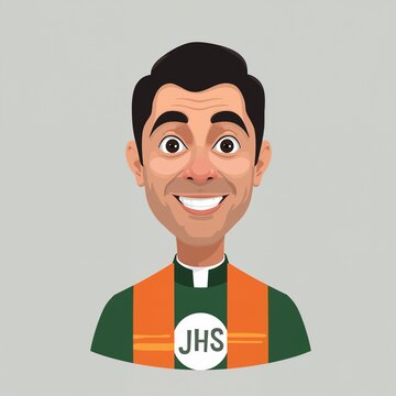 Friendly smiling cartoon priest with clerical collar and jhs stole