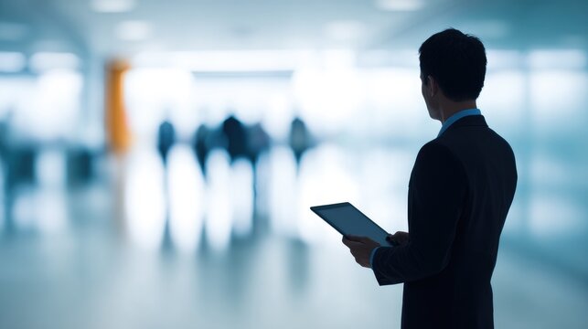 Businessman Holding Tablet in Modern Office with Blurred Colleagues in Background
