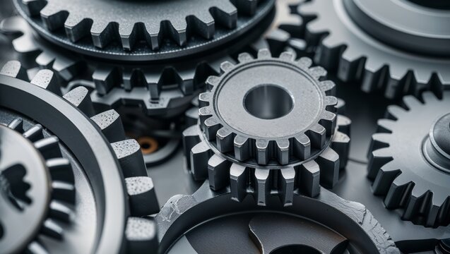 Close-up of interlocking metal gears, industrial machinery concept.