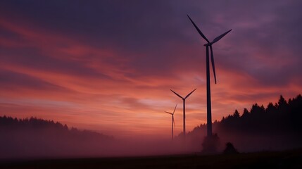 Obraz premium Majestic wind turbines stand silhouetted against a vibrant dawn sky awash in orange red and purple hues with a gentle fog blanketing the rolling