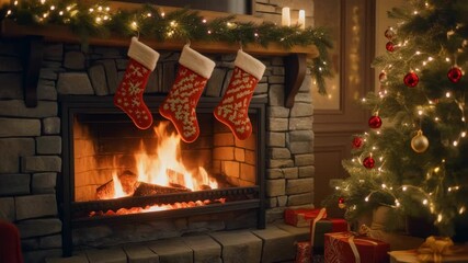 Warm Christmas fireplace with stockings and tree creates a cozy, festive atmosphere for holiday advertising and seasonal promotions