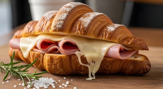 Delicious ham and cheese croissant sandwich perfect for breakfast or brunch meal time