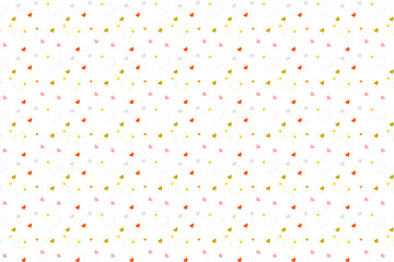 A seamless pattern of hearts in warm tones of orange, yellow, pink, and grey on a white background. A cheerful and romantic design.